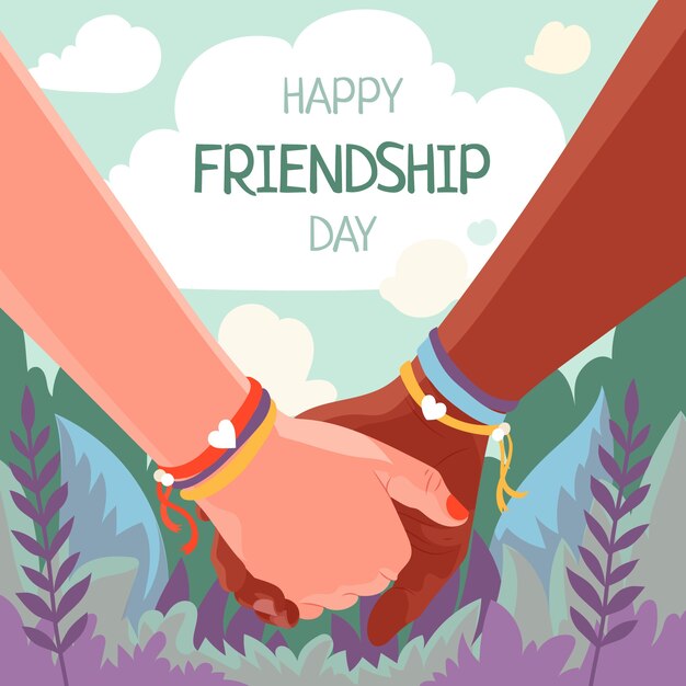 Flat friendship day illustration with friends holding hands