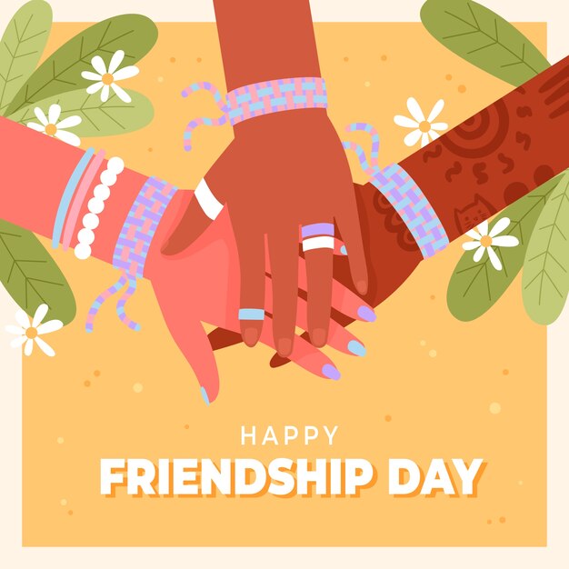 Flat friendship day illustration with friends putting their hands together