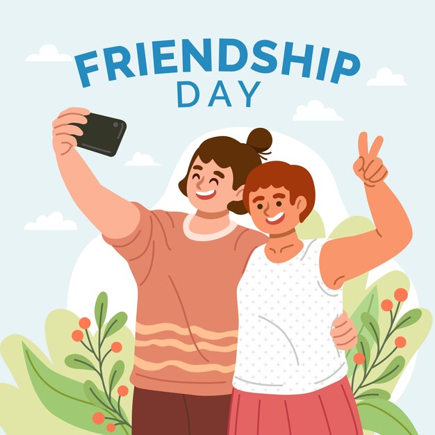 flat friendship day illustration with friends taking a selfie