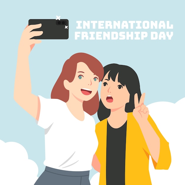 Flat friendship day illustration with friends taking a selfie