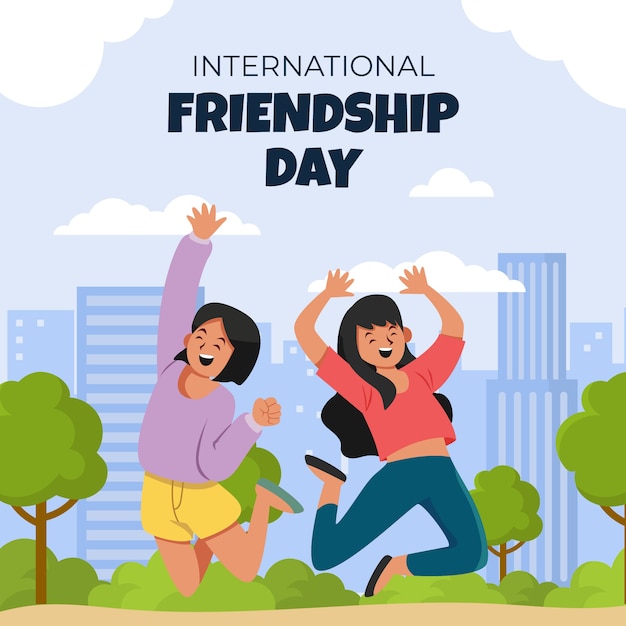 Flat friendship day illustration with happy friends jumping\