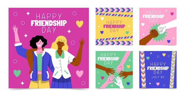 Free vector flat friendship day instagram posts collection