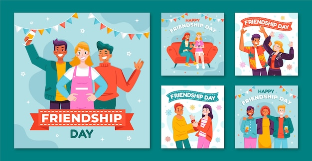 Free vector flat friendship day instagram posts collection