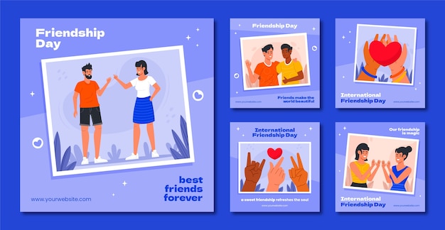 Vettore gratuito collezione di post di instagram per la giornata dell'amicizia piatta