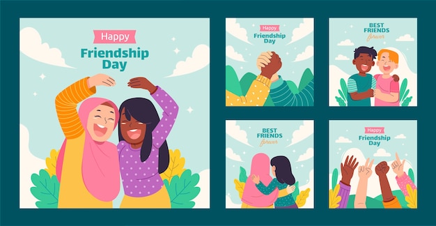 Vettore gratuito collezione di post di instagram per la giornata dell'amicizia piatta