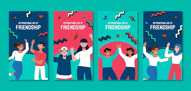 Vettore gratuito collezione di storie di instagram per la giornata dell'amicizia piatta