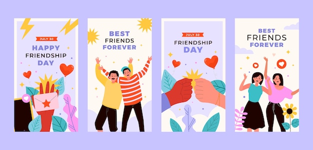 Free vector flat friendship day instagram stories collection