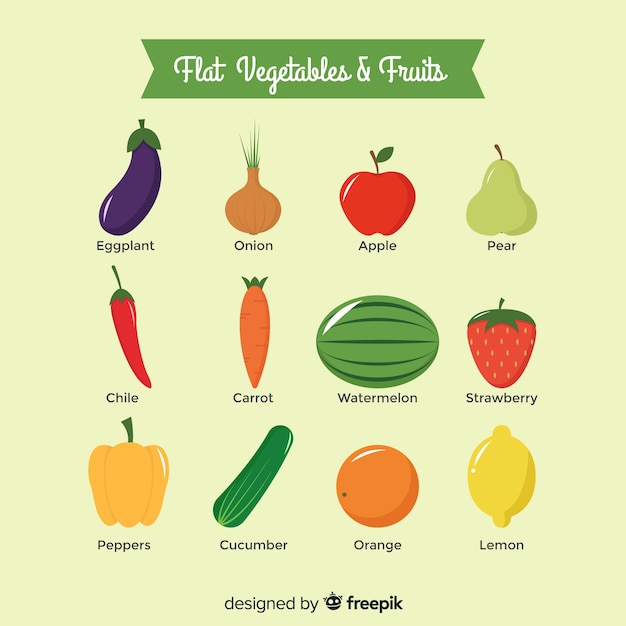 무료 벡터 플랫 과일 및 야채 세트