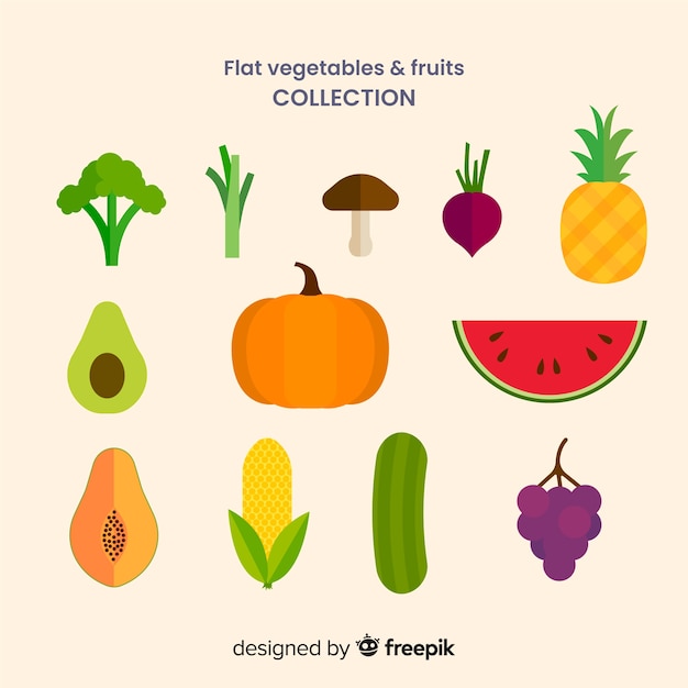 Vettore gratuito raccolta di frutta e verdura piatta