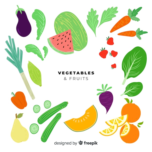 平らな果物と野菜のセット