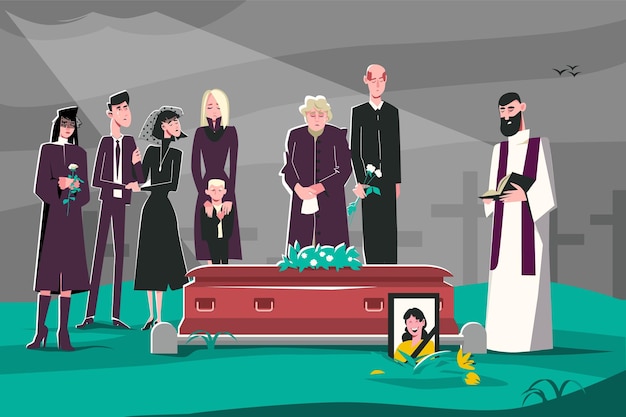 Flat funeral death composition grieving family and priest standing in front of their relatives coffin vector illustration