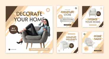 Free vector flat furniture instagram post collection