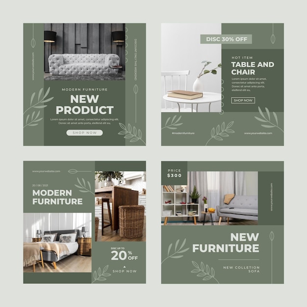 Free vector flat furniture sale instagram post collection