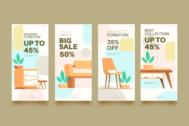 Free vector flat furniture sale instagram story collection