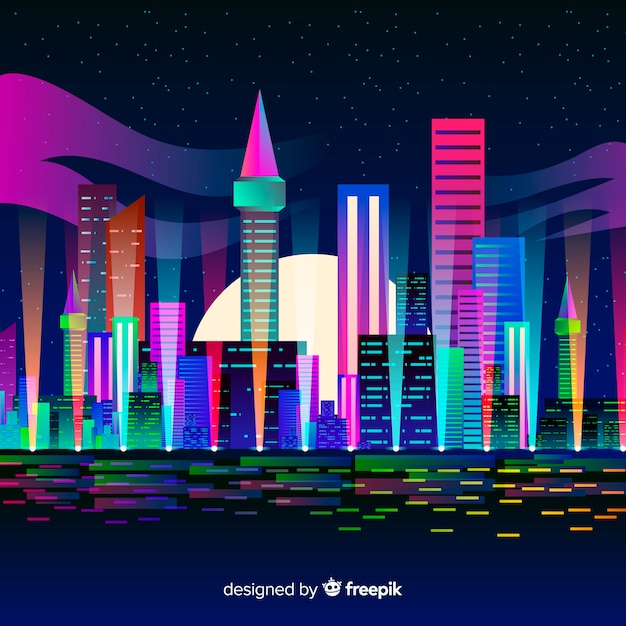 Flat futuristic night city background