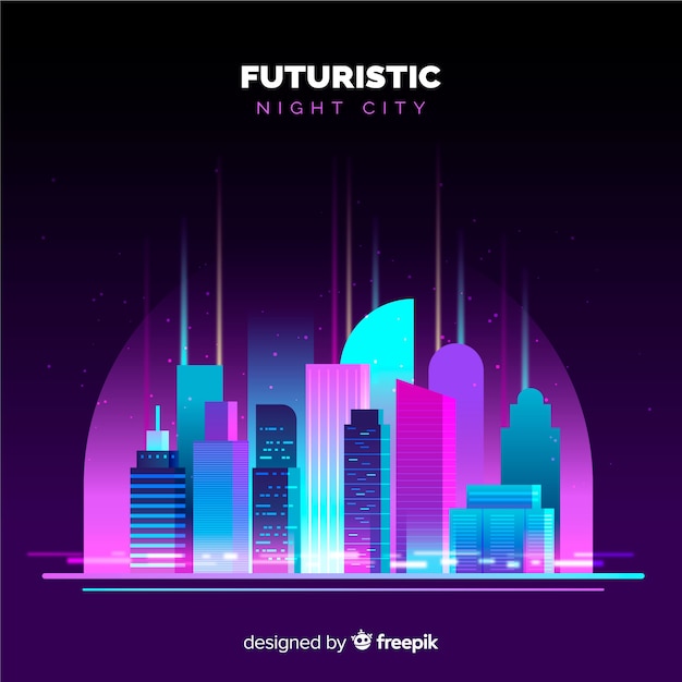 無料ベクター フラット未来的な夜の街の背景