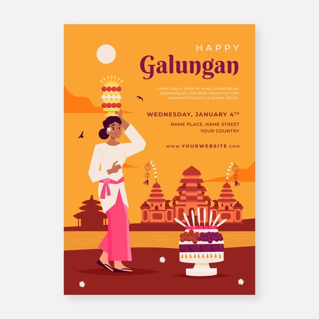 Flat galungan celebration vertical flyer template