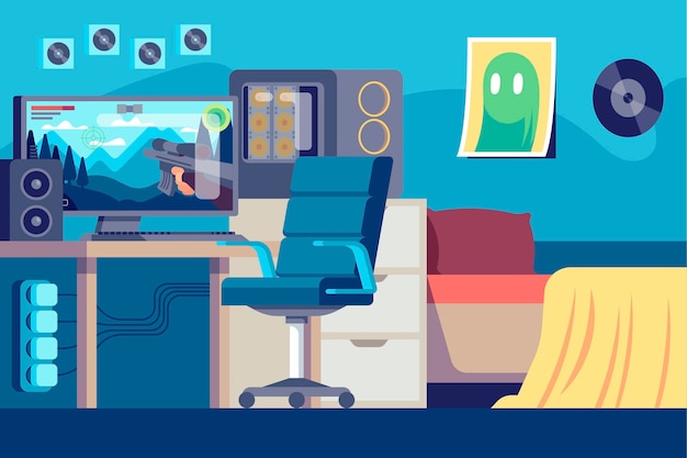 Free vector flat gamer room illustration