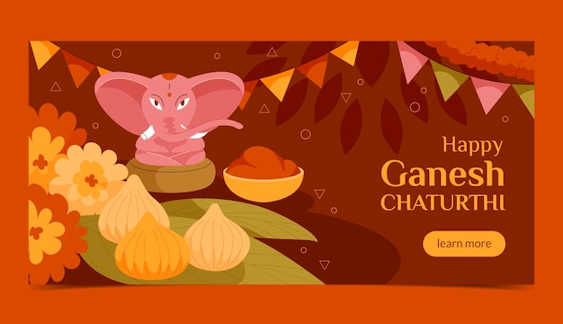 Vettore gratuito modello di banner orizzontale piatto ganesh chaturthi con elefante