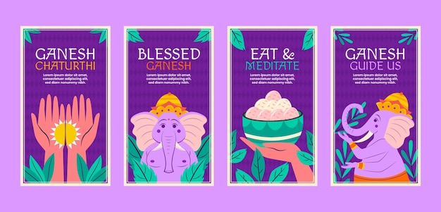 Vettore gratuito collezione di storie di instagram flat ganesh chaturthi con elefante