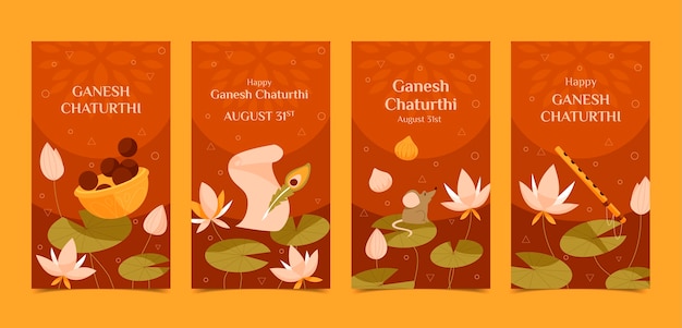 Vettore gratuito collezione di storie di instagram flat ganesh chaturthi