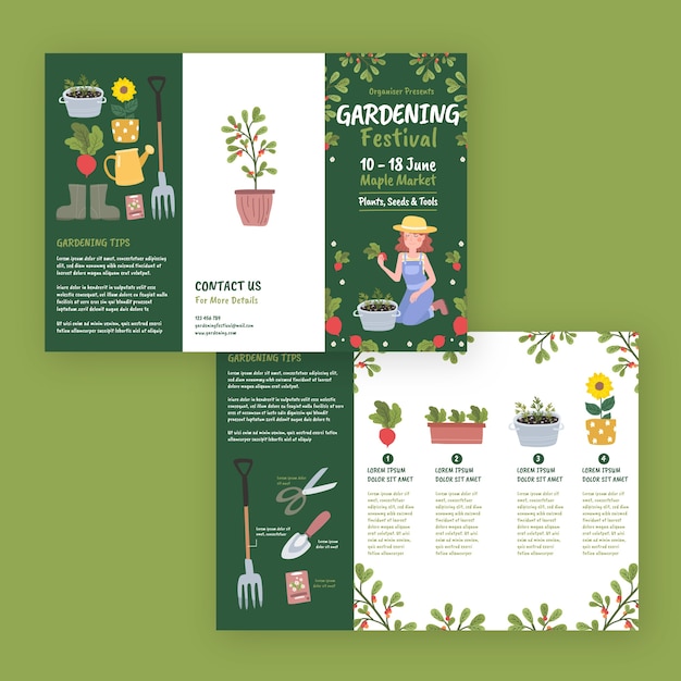 Vettore gratuito modello di brochure di giardinaggio piatto