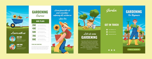 Vettore gratuito modello di brochure di giardinaggio piatto