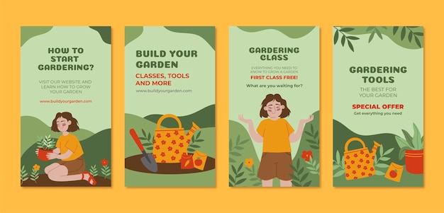 Free vector flat gardening instagram stories collection