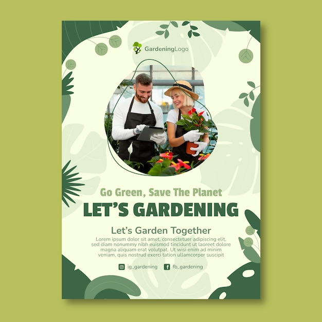 Vettore gratuito modello di poster verticale per giardinaggio piatto