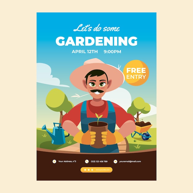 Modello di poster verticale per giardinaggio piatto