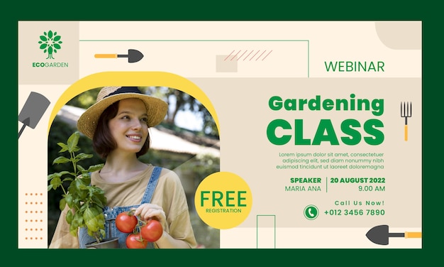 Vettore gratuito modello di webinar di giardinaggio piatto