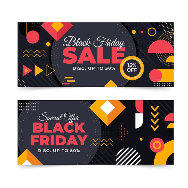 Free vector flat geometric black friday horizontal banners set