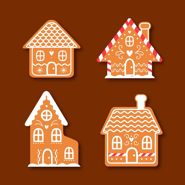 Flat gingerbread house collection on brown background