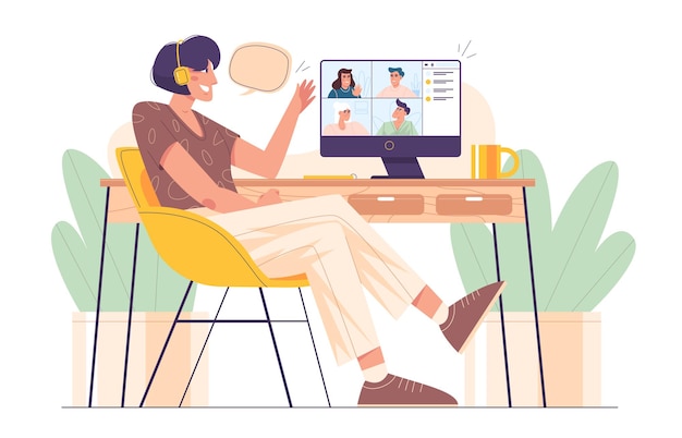 Free vector flat girl in headphones at the table talking with friends online. young woman working from home using computer for group video conference or collective virtual team building with clients, colleagues.