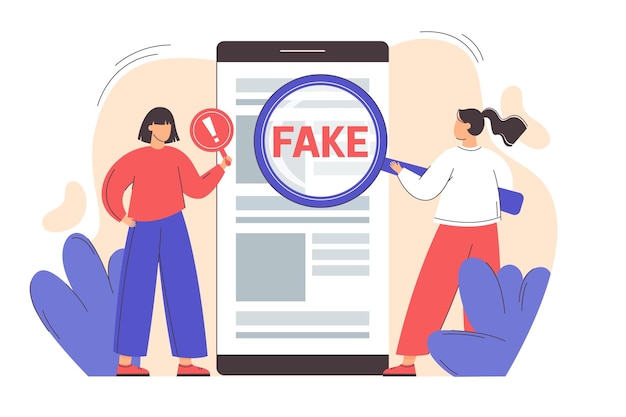 Flat girl with magnifying glass scanning and check news on smartphone. spreading fake news concept. hoax on the internet and social media. untruth information spread.
