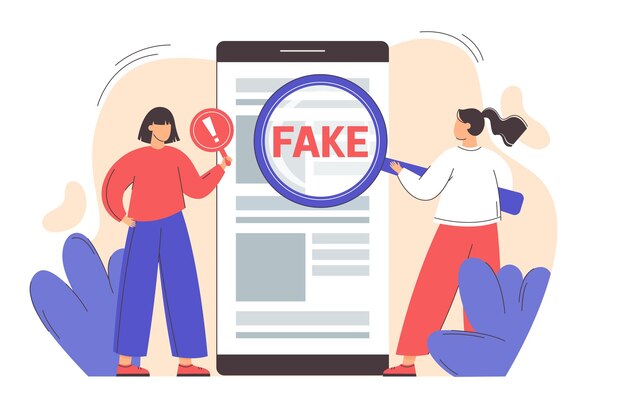 Flat girl with magnifying glass scanning and check news on smartphone. Spreading fake news concept. Hoax on the internet and social media. Untruth information spread.