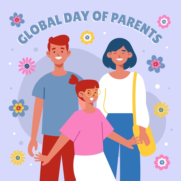 Бесплатное векторное изображение Плоский глобальный день родителей иллюстрации с семьей