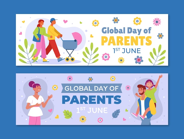 Flat global day of parents horizontal banners set with family