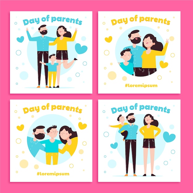 Free vector flat global day of parents instagram posts collection with happy family and child