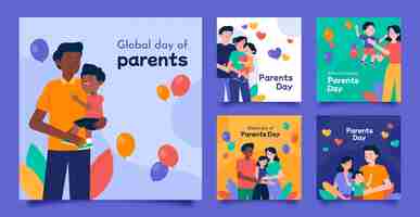 Free vector flat global day of parents instagram posts collection