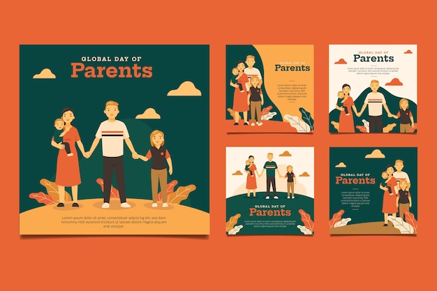 Free vector flat global day of parents instagram posts collection