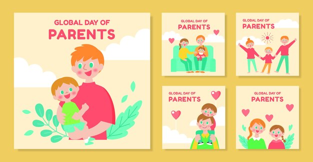 Giornata globale piatta della raccolta di post di instagram dei genitori