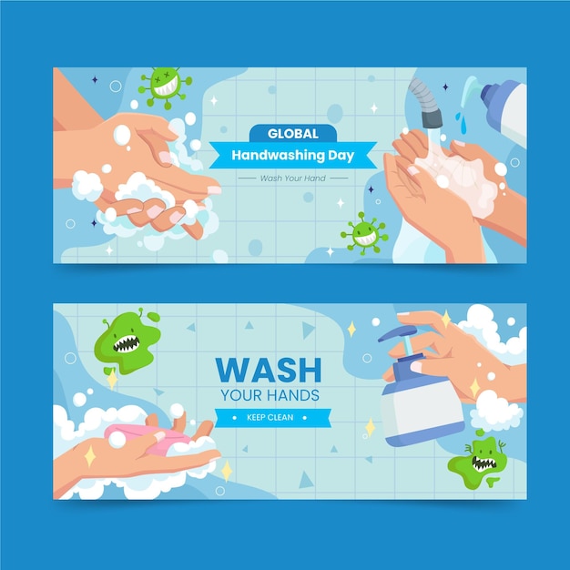 Free vector flat global handwashing day horizontal banners set