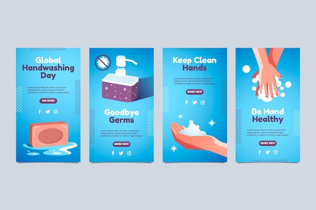 Free vector flat global handwashing day instagram stories collection