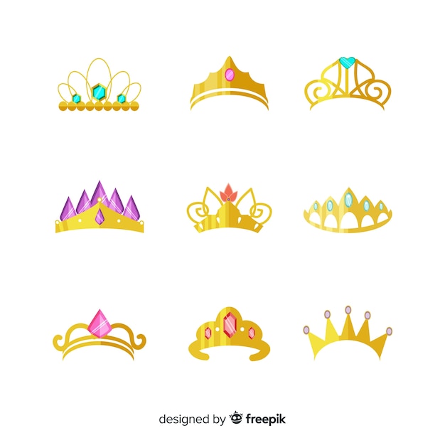 Free vector flat golden princess tiara collection