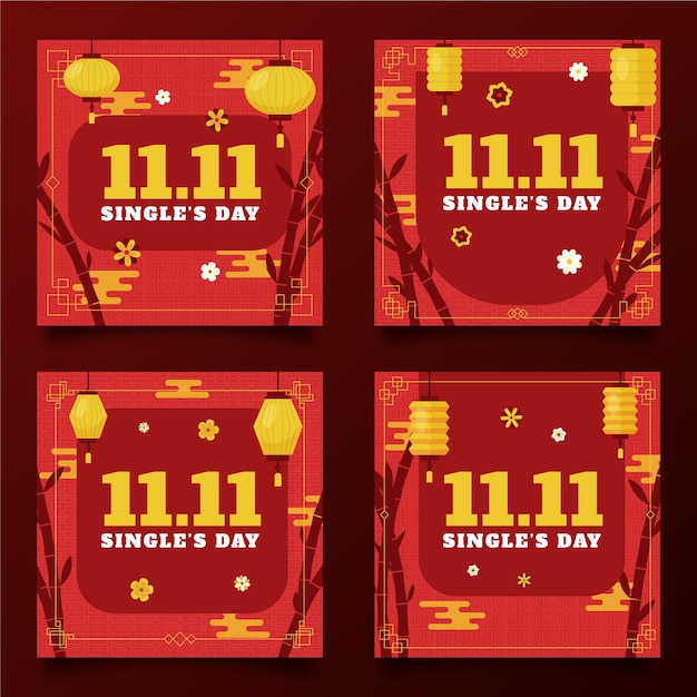 Flat golden and red single's day instagram posts collection