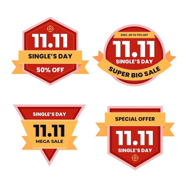 Free vector flat golden and red single's day labels collection