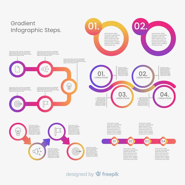 Modello di passaggi infografica piatto gradiente