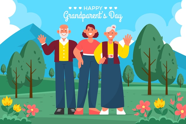 Flat grandparents day background with grandchild posing with grandparents