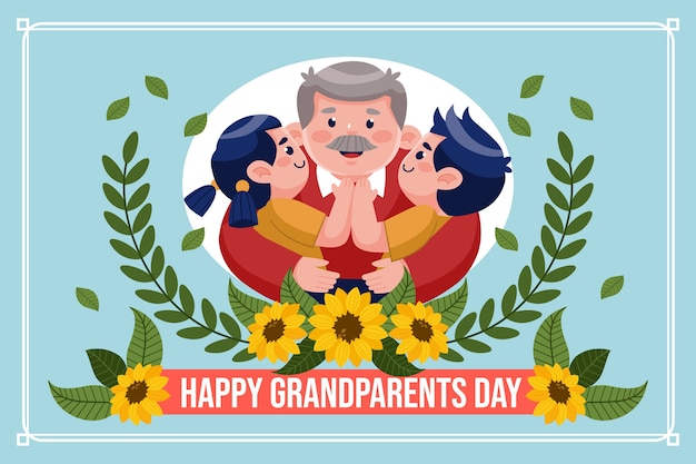 Flat grandparents day background with grandfather and grandkids